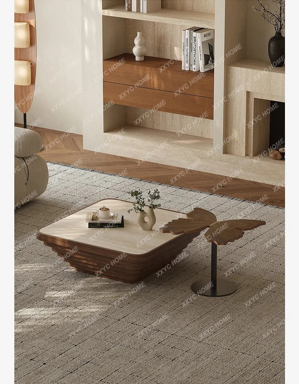 

Medieval small apartment travertine rock slab coffee table combination square walnut living room coffee table