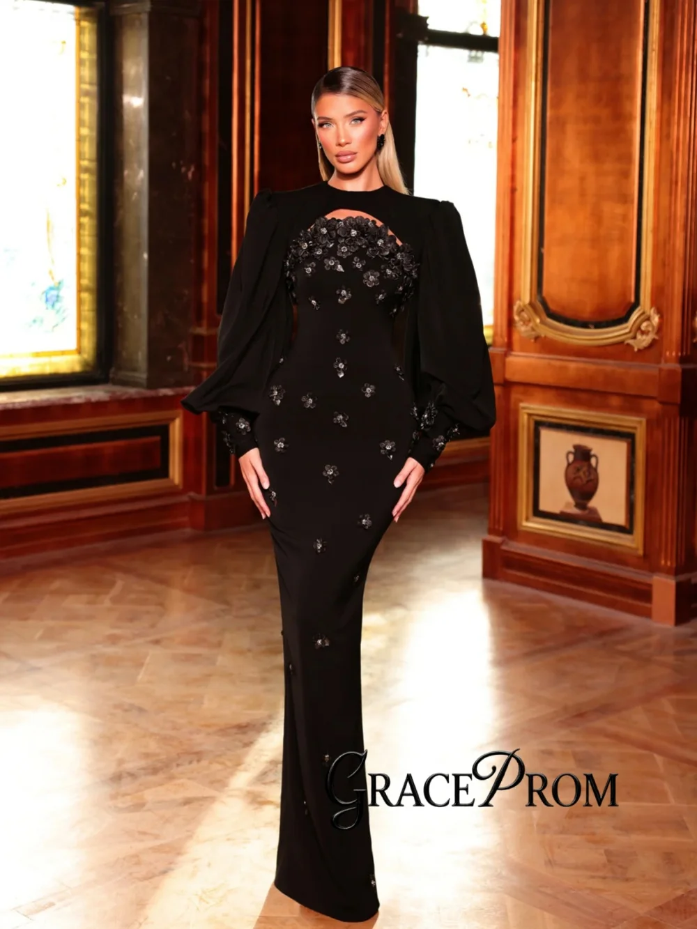 

Black Elegant 3D Floral Evening Dress Long Puff Sleeve Sheath Wedding Party Gown Customized Stunning New Banquet Dresses