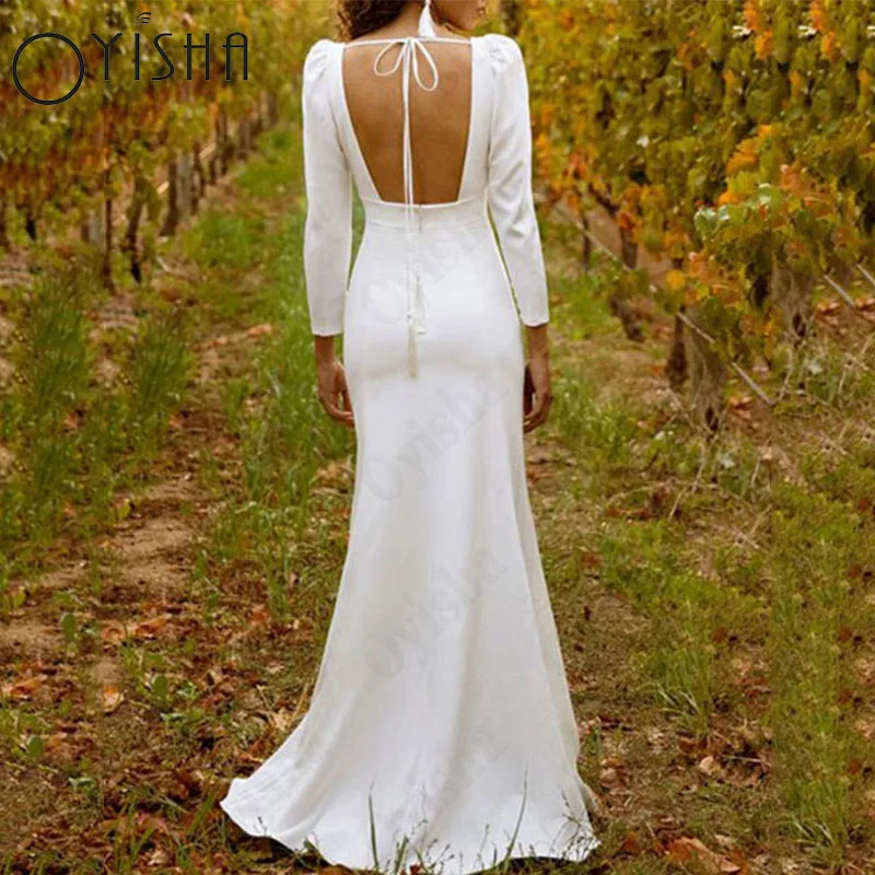 Oyisha Square Collar Mermaid Bridal Party Long Sleeves Open Back Robe Mariée Split Satin Wedding Dresses Wedding Dress For Women