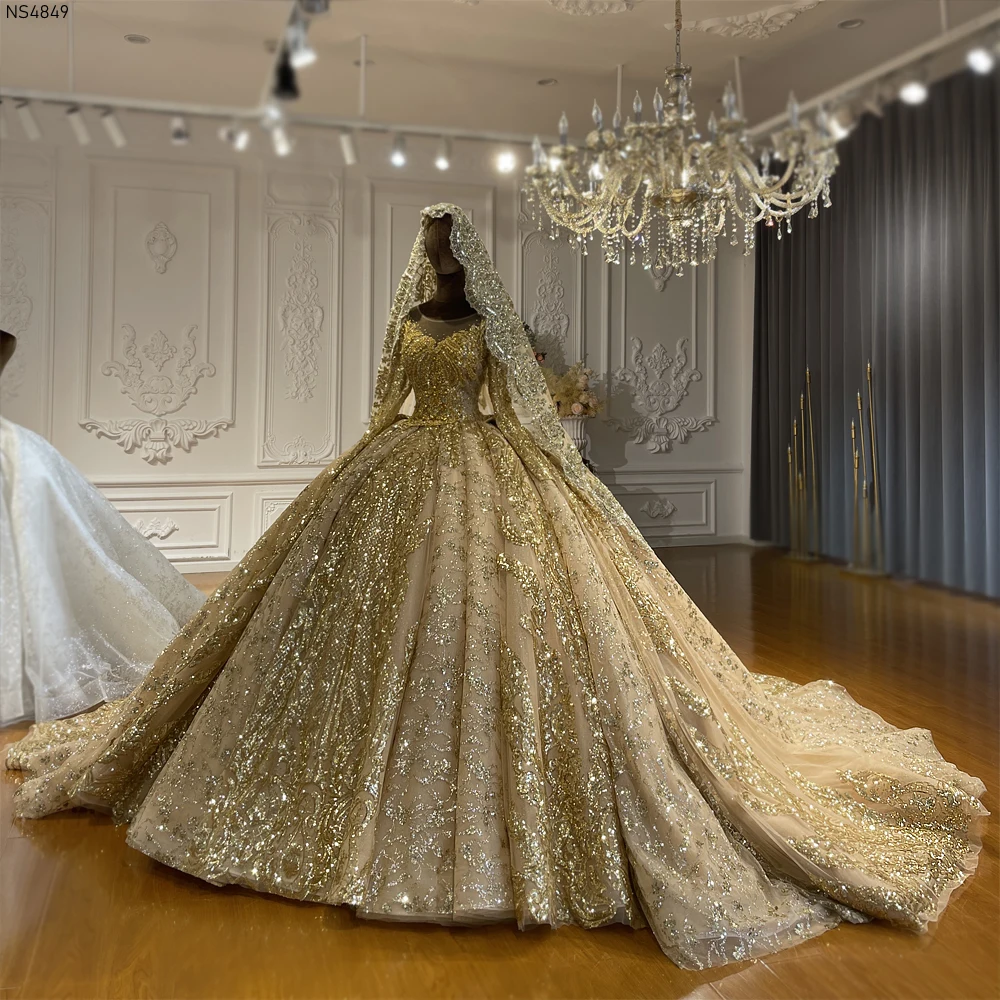 golden brown wedding dresses Light Brown A-line Long Sleeves Wedding Dresses, MW1041 main image 0