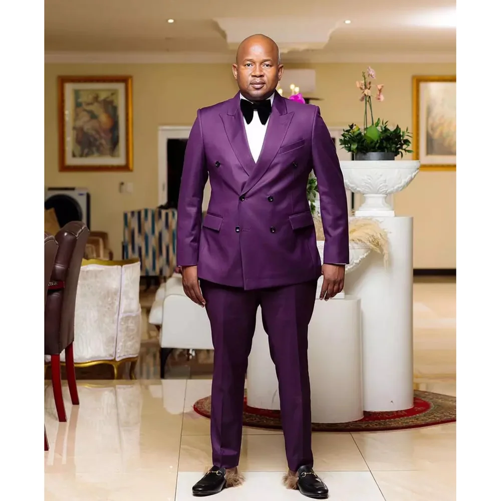 Double Brested Purple Wedding Men Suits High Quality Peak Lapel Flat Luxury 2 Piece Jacket Pants Set Plus Size Dress Blazer