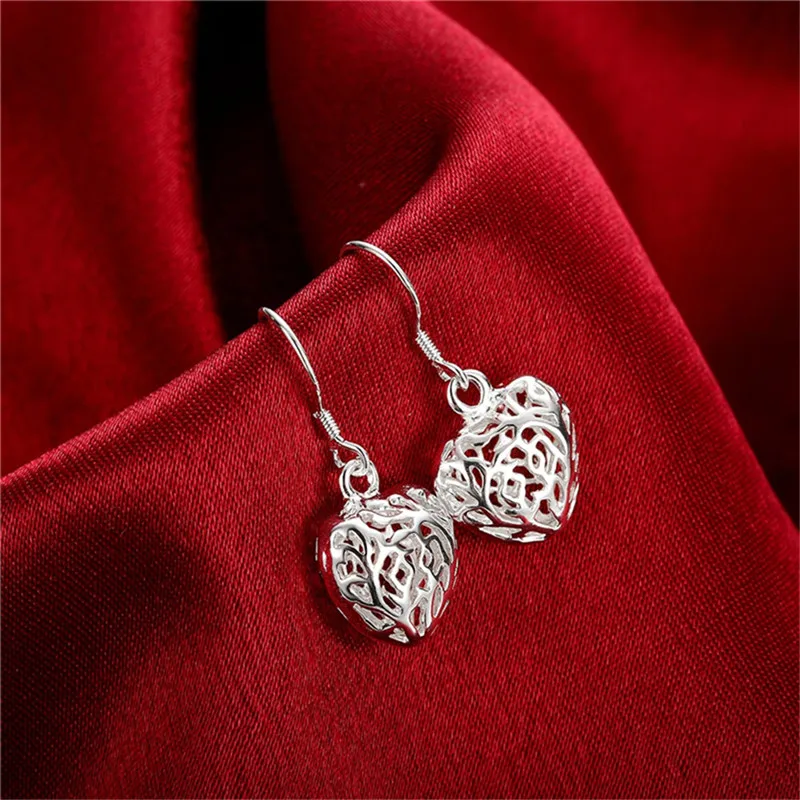 925 Sterling Silver Hollow Heart Ball Drop Earrings For Woman Wedding Engagement Party Fashion Charm Jewelry