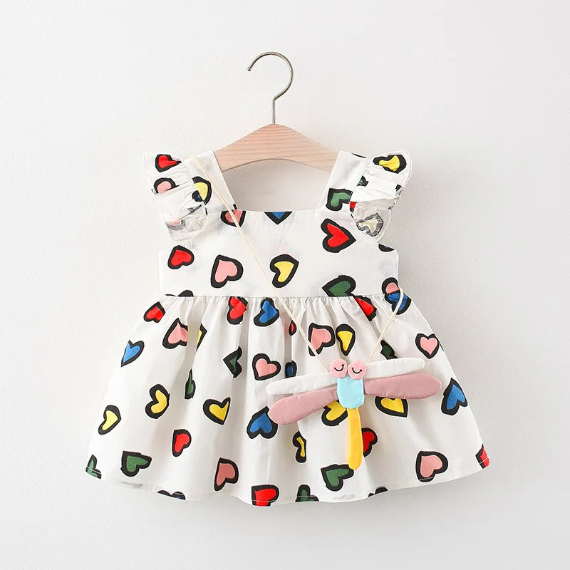 Girls Summer New Dress Playful Flying Sleeves Colorful Love Printed A-Line Skirt With Dragonfly Crossbody Bag As A Gift