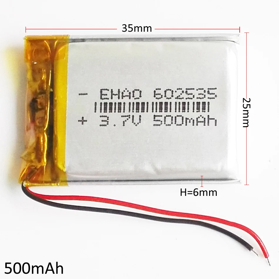 3.7V 500mAh Lithium Polymer Li-Po Rechargeable Battery 602535 with JST 2pin Plug For Mp3 GPS Bluetooth Camera Watch