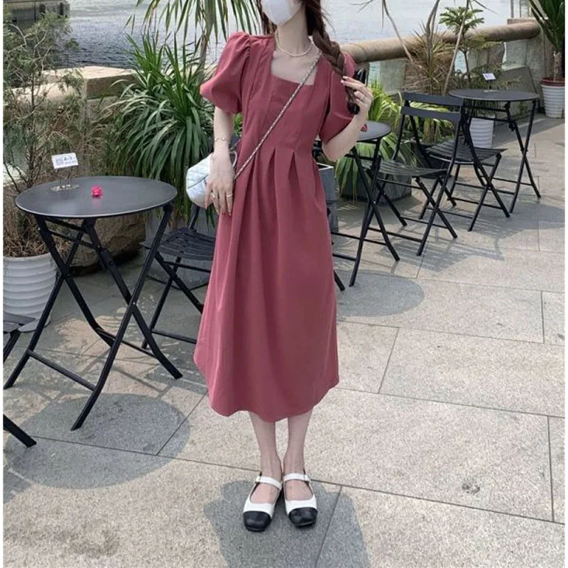 

Korean Commuter 2024 Summer New Women's A-Line Square Collar Solid Color Spliced Shirring Puff Sleeve Fashion Loose Dresses