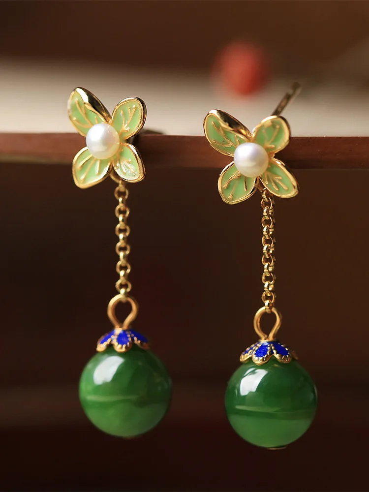 

Natural Hotan Jade Jasper Chinese Enamel Four Leaf Clover Flower Sterling Silver Lady Earrings Antique Temperament Jewelry