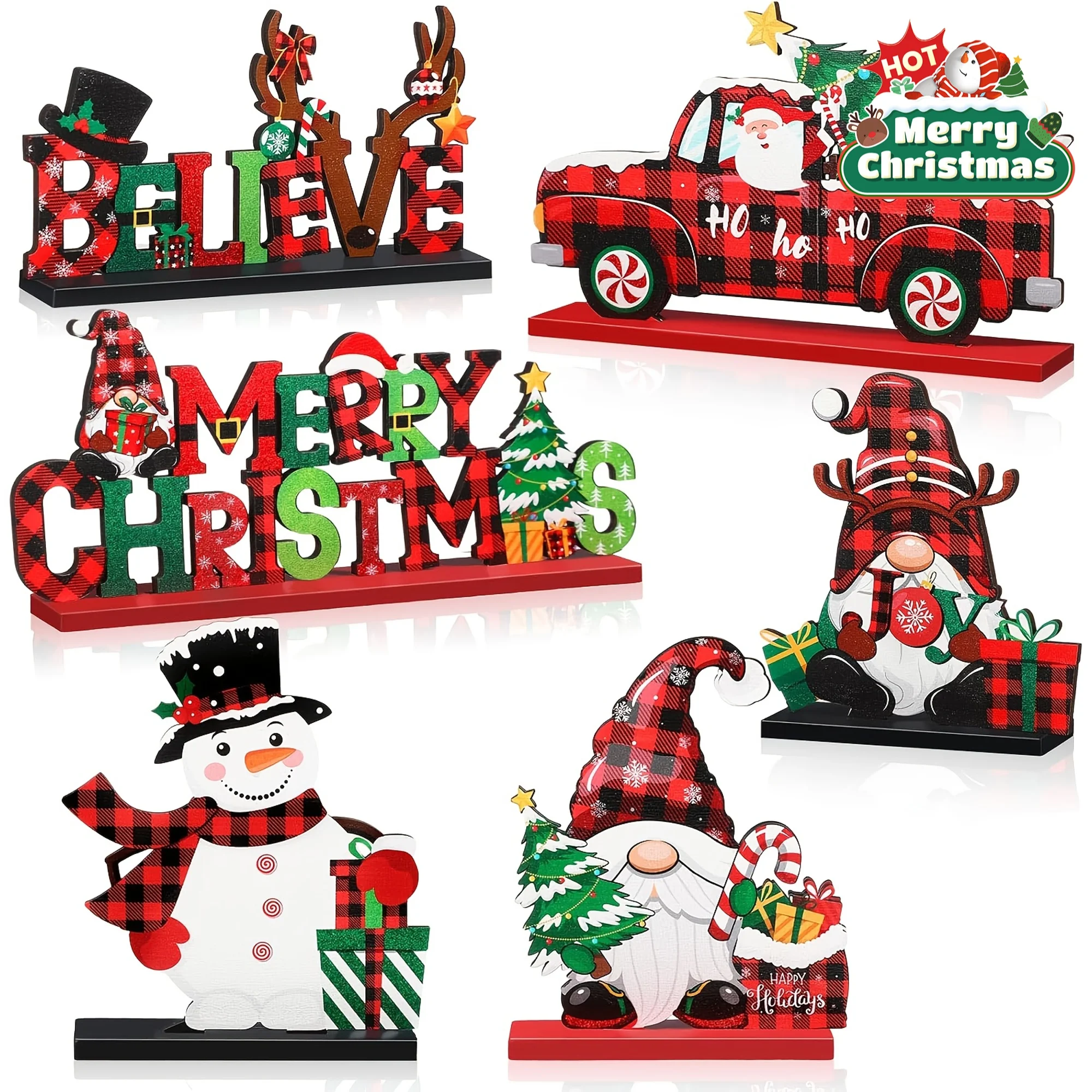 6 Stück/Set Weihnachtstisch-Mittelstück aus Holz mit Weihnachtsmann-Schneemann-Zwerg-Schild, Urlaubsparty-Zubehör, rote, schwarze Weihnachtsdekorationen