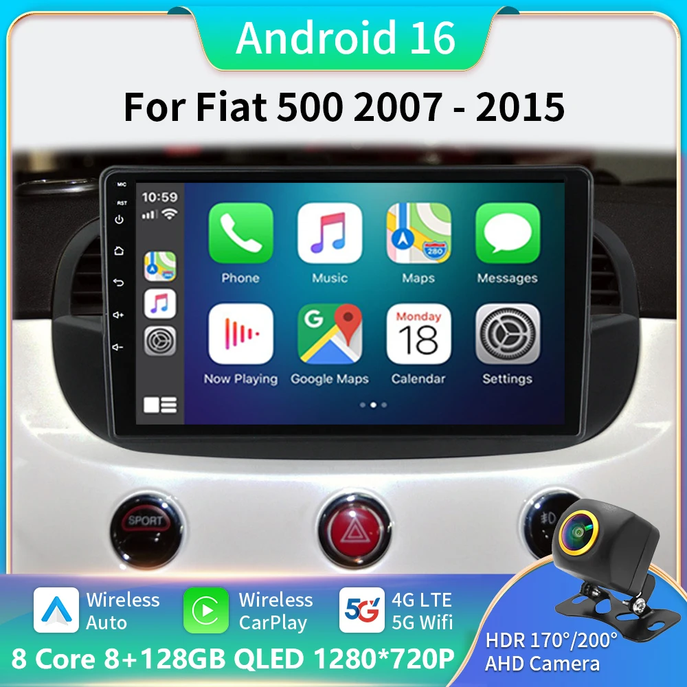 

2 Din Android 13 для FIAT 500 2007-2014 автомобильное радио, мультимедийный видеоплеер, навигация GPS, стерео, авто Carplay DPS WIFI 4G BT DVD