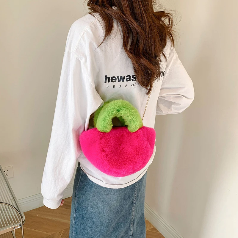 

Simple Cute Women Plush Bag Autumn Winter Fashion Contrast Color Small Handbag Casual Versatile Chain Crossbody Bags Gifts