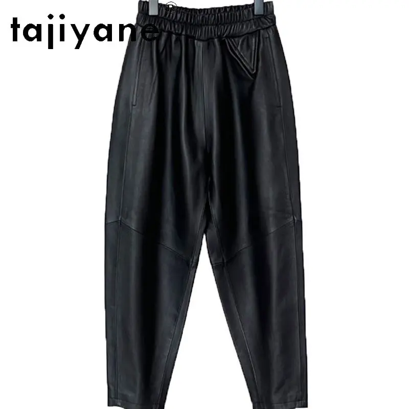 TAJIYANE Sheepskin Real Leather Pants Women Elastic Waist Trousers Big Crotch Pants for Woman Slimming Harem Pants Versatile 바지