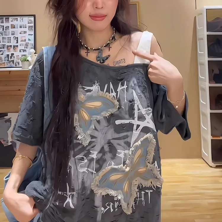 

American Retro plus Size Women's T-Shirt Sleeveless Show Clavicle Street Design Sensation Small Audience 300 Pounds Trendy