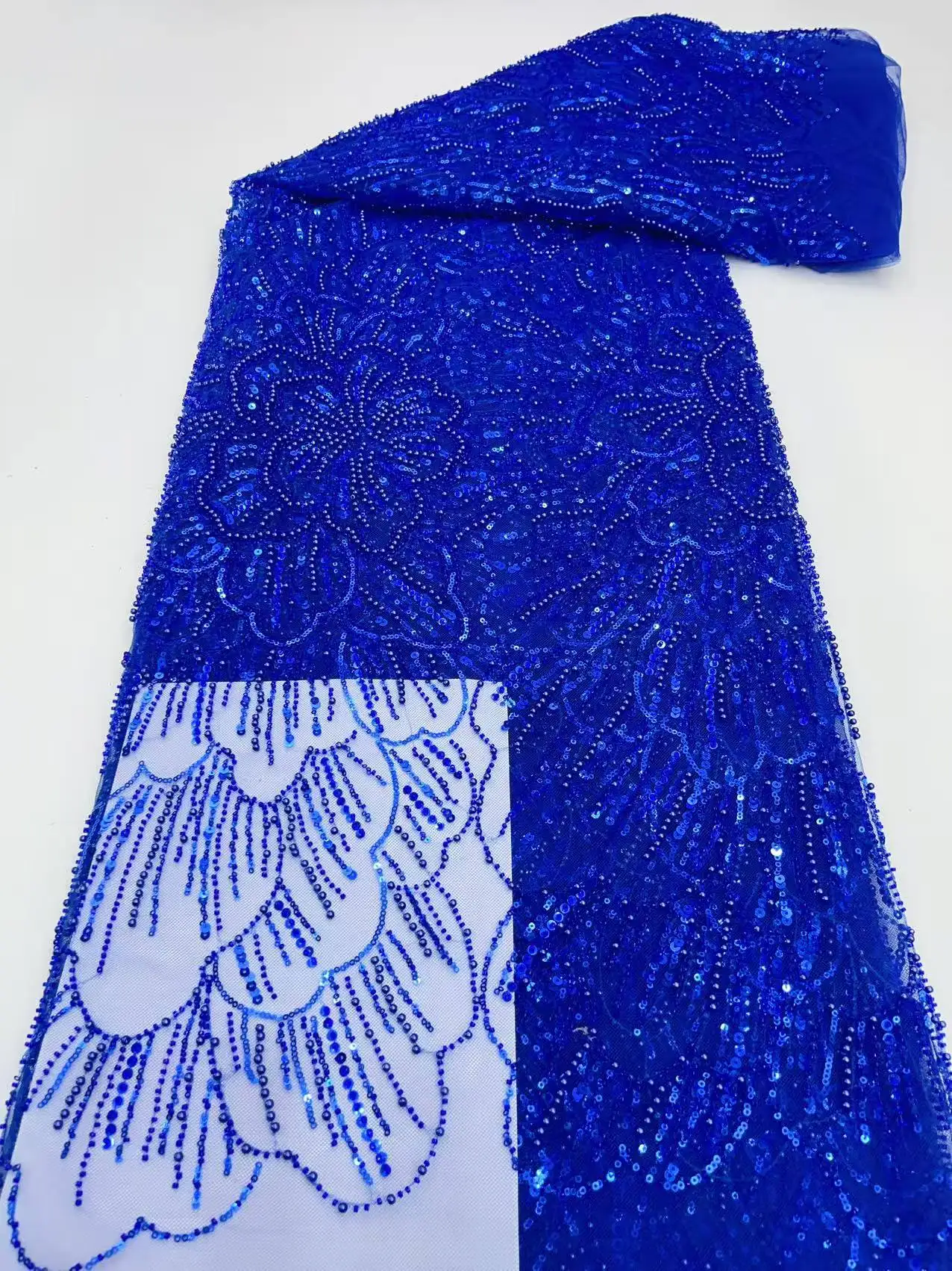 

2025 France High-End Luxury Elegant Bule Handmade Beaded Lace Fabric Nigerian With Sequins Mesh Lace Fabric For Wedding Dress