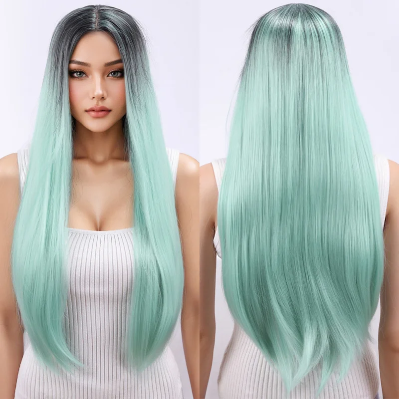 European American women's fashionable synthetic fiber , mint green middle-parted long straight hair full wig, stylish and