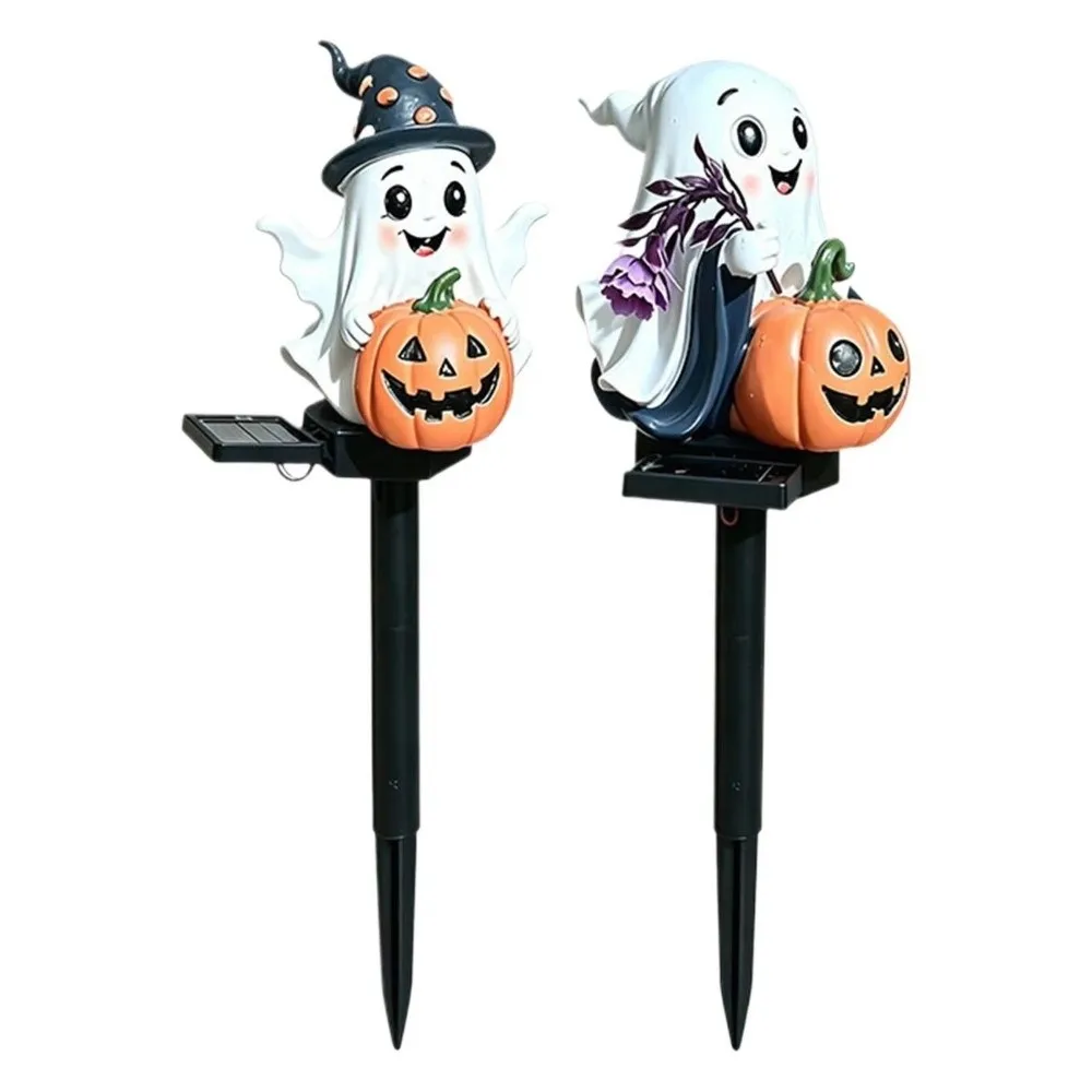 Cute Solar Halloween Lights Resin Figurine Pumpkin Design Solar Ghost Pumpkin Lights Solar Powered Waterproof
