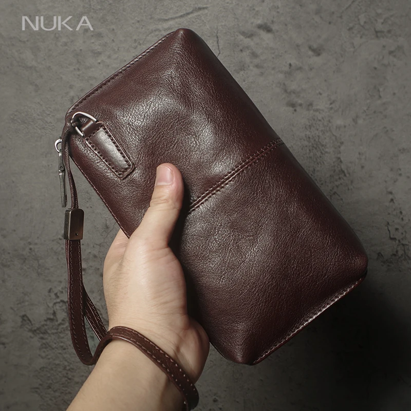 

NUKA Men's Genuine Leather Clutch Bag High Quality Handbag Zipper Long Wallet Credit Card Bag Women Top Cowhide Mobile Phone Bag
