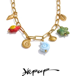 Yhpup Ocean Style Exquisite Ceramic Shell Starfish Turtle Drop Golden Necklace for Women Stainless Steel Trending Jewelry