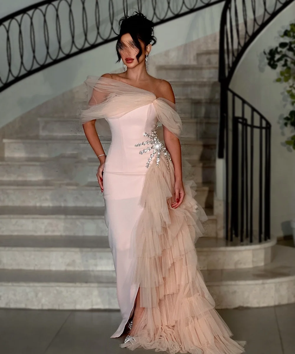 

Customized Exquisite Jersey Pleat Sequined Sheath Off-the-shoulder Long Dresses Bespoke Occasion Homecoming Formal