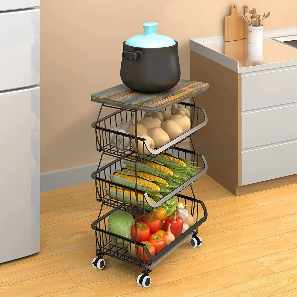 4 Tier Fruit Storage Basket, Fruit Vegetable Cart, Kitchen Storage Rack with Rollers for Pantry