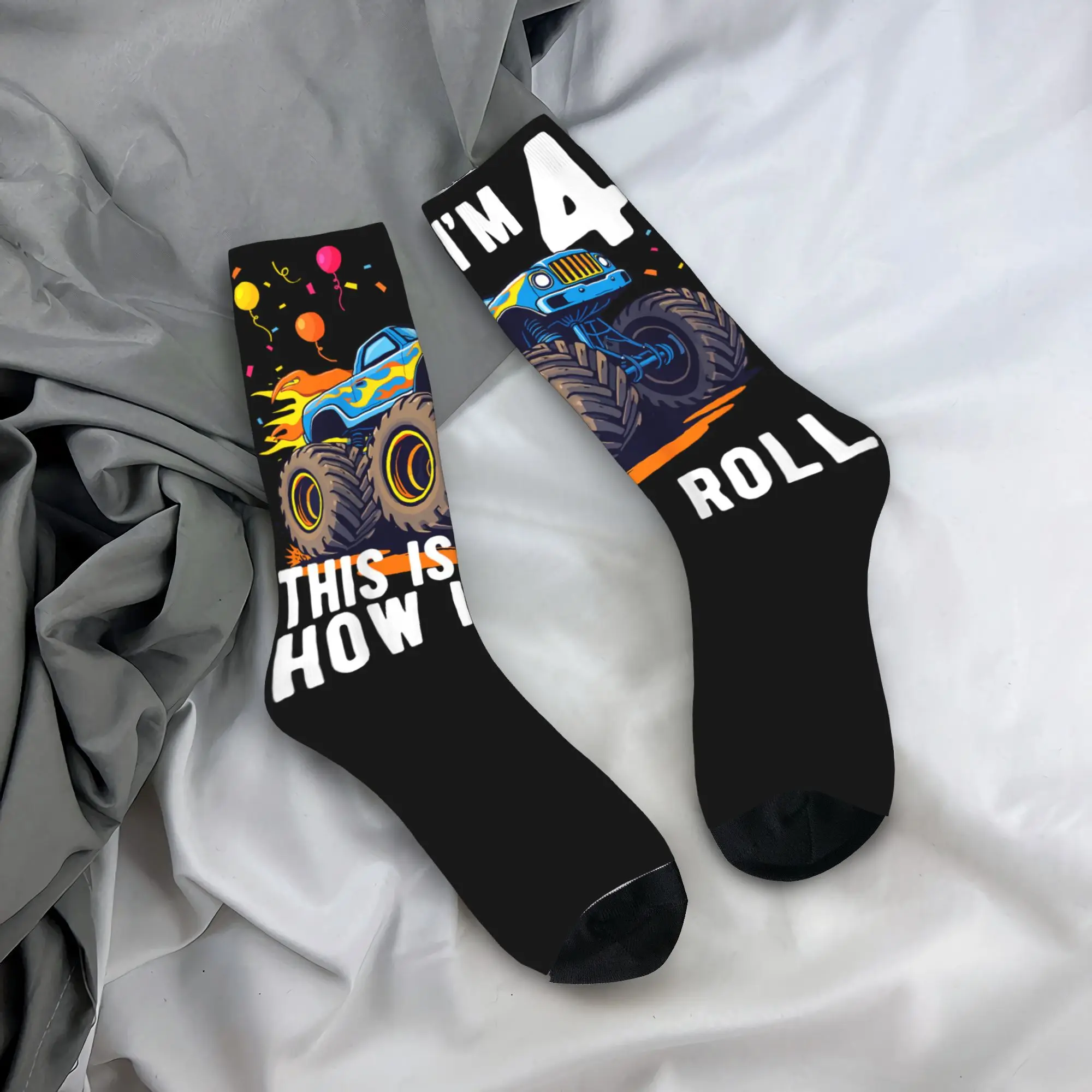

Kids Birthday Monster Truck 4 Year Old Boy 4th Birthday Party Socks Autumn Stockings Fashion Adults Men Socks Graphic Socks