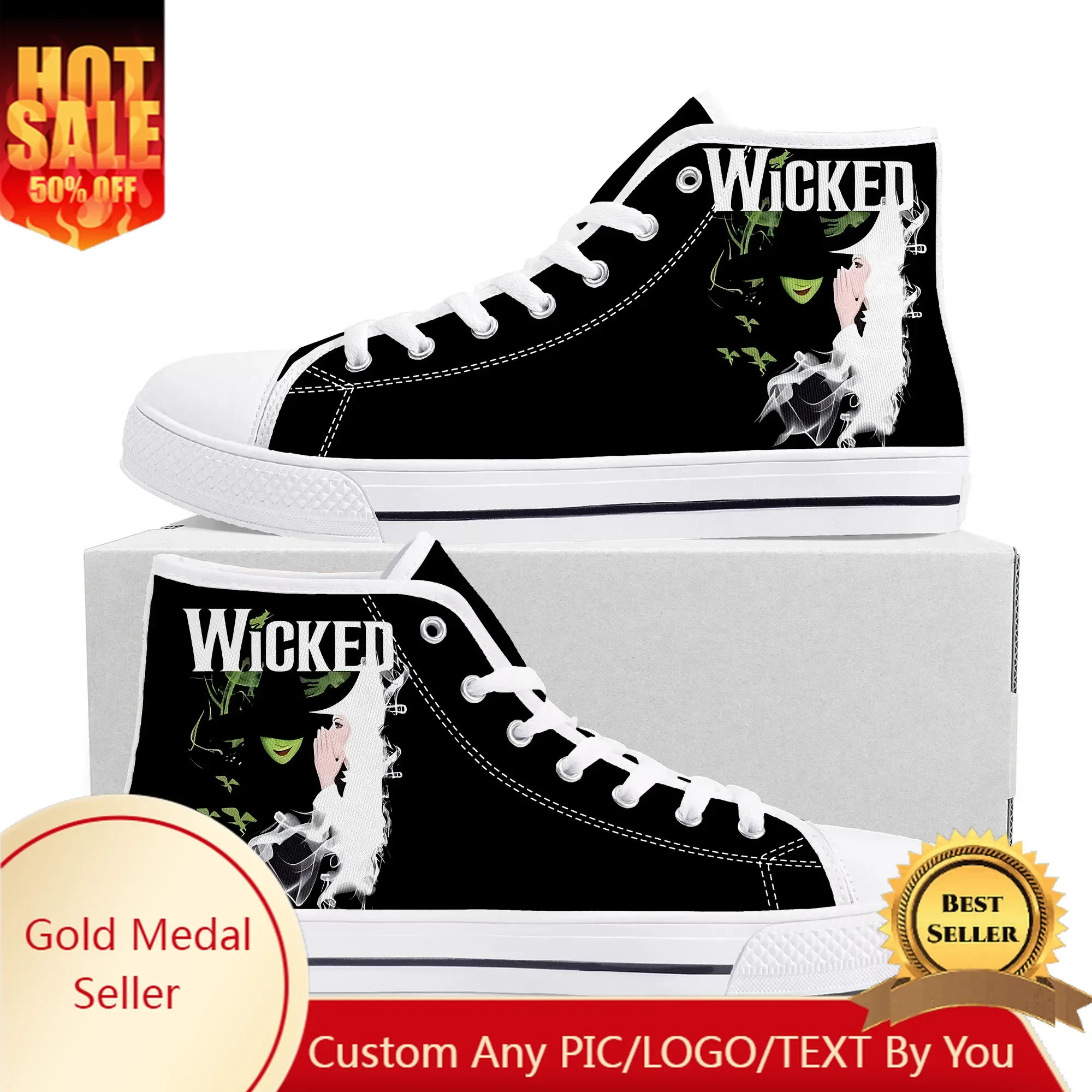 

WICKED He Musical Elphaba The Wicked Witch of the West High Top Sneakers Mens Womens Teenager Canvas Sneaker Customize Shoe