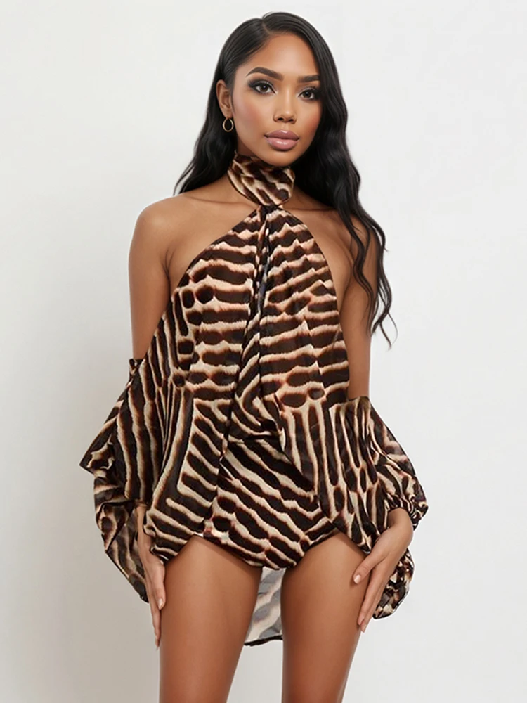 Leosoxs Tiger Print 2-Piece Set Women Halter Bandage Off-Shoulder See Through Lantern Sleeve Vest+Simple Short Sexy Suits