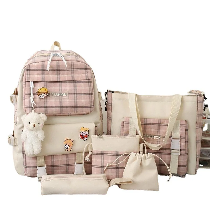 Japanese Cute Plaid Primary School Students Schoolbag Women Fashion Backpack 5pcs Set with Handbag Kawaii Girls Travel Backpacks