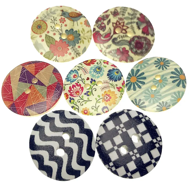 15/20/25/30mm Mixed Geometric Flower Pattern Round Wooden Buttons for Clothing Scrapbooking Needlework Crafts Sewing Accessories