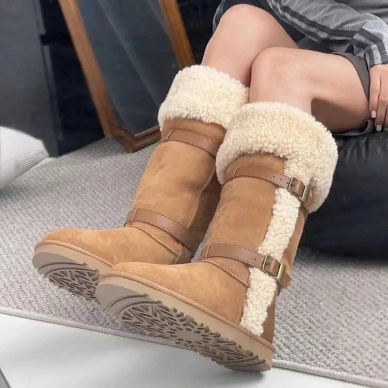 Thickened Lamb Wool Long Tube Snow Boots for Women New Autumn Winter Anti-slip Fleece-lined Cotton Shoes Knee High Boots