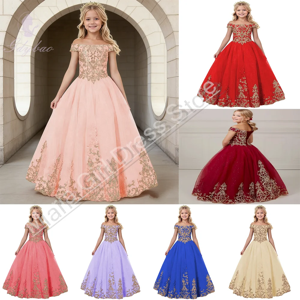 

Golden Lace Blush Flower Girl Dress for Wedding Kids Off Shoulder Lace Embroidery Pageant Frock Custom First Communion Dress