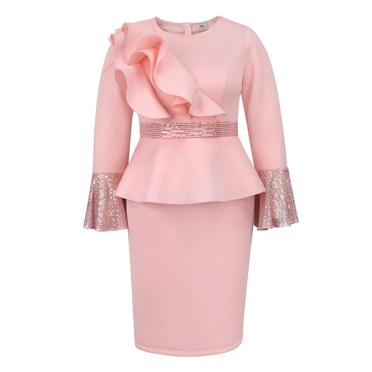 Church Dresses for Women Elegant Ruffles Long Flare Sleeves Sequined Party Bodycon Peplum Classy Occasion African Wedding Guest