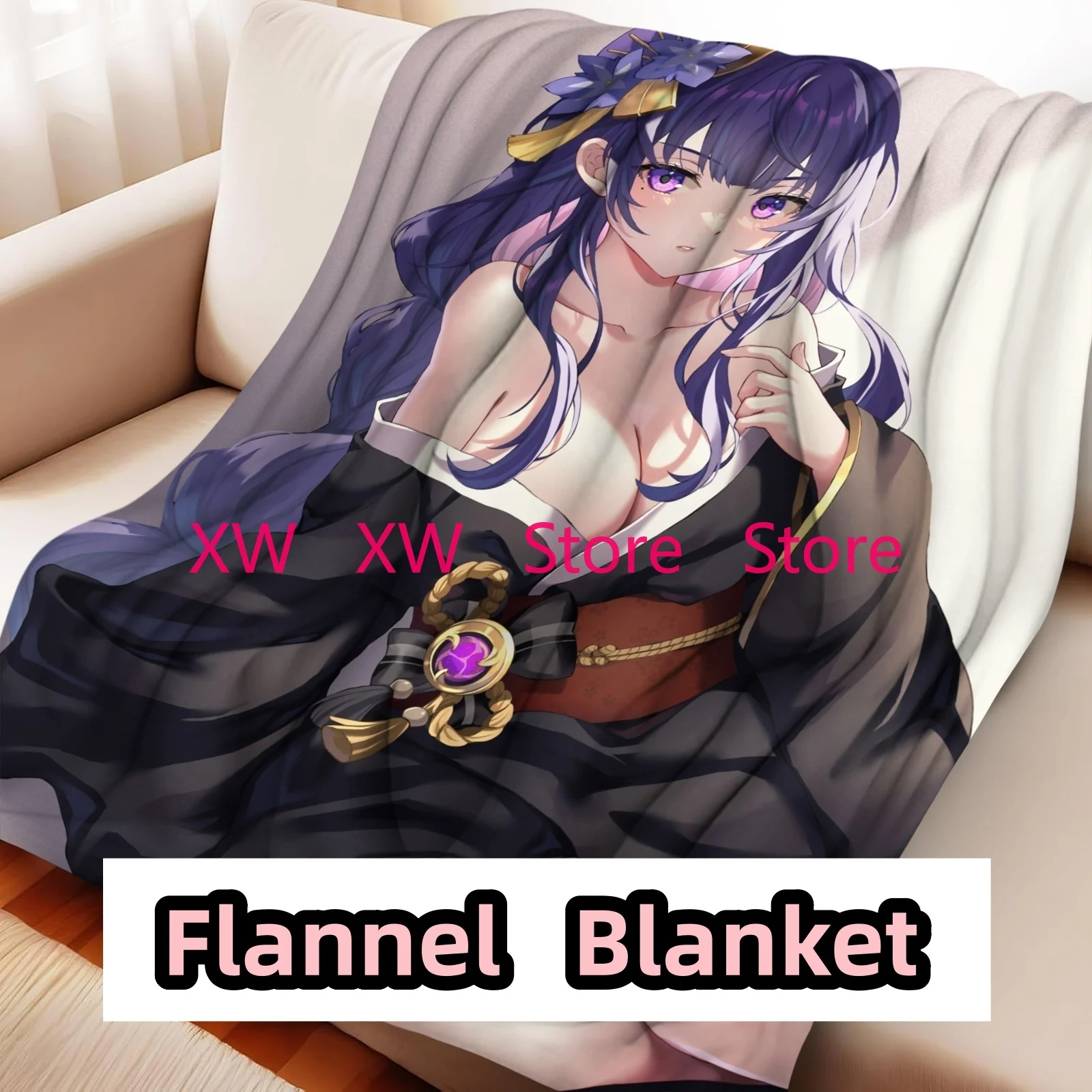 

Genshin Impact Raiden Shogun Cartoon Flannel Throw Blanket Warm Picnic Blanket Home Bed Lining Blanket Bed Birthday Gift