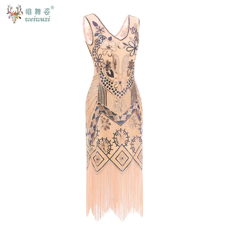 레트로 스타일 V넥 태슬 이브닝 드레스 민소매 스팽글 비즈 자수 꽃무늬 댄스 이브닝 드레스 공연 의상