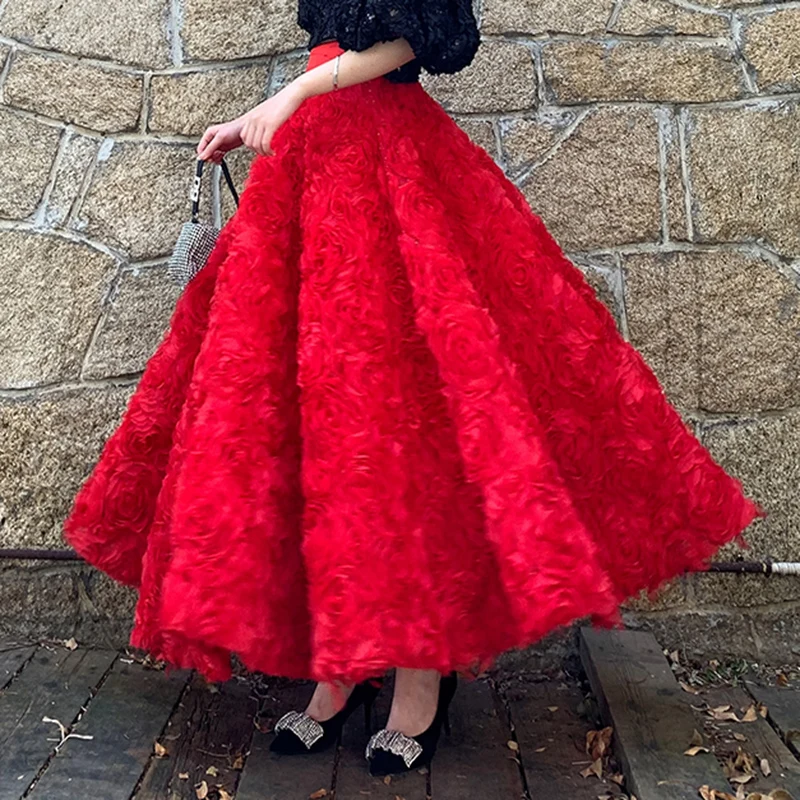 2023  free shipping High-quality Evening Party Red 3D Rose  three-dimensional Umbrella Big Hem Sun Long Maxi Skirt for Womens