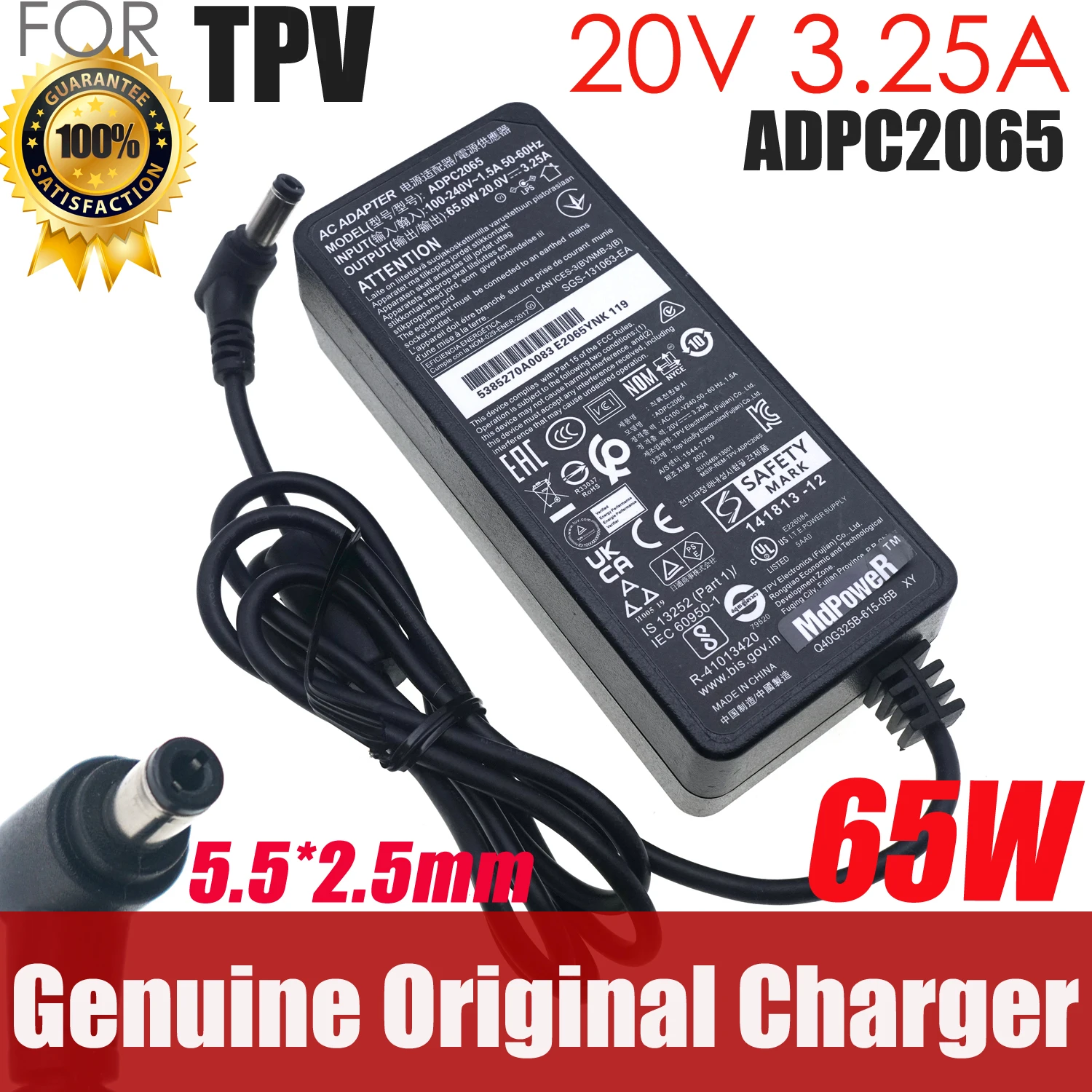 TPV ADPC2065 20V 3.25A 65W AC Adapter for MSI G32C4 G27C4 G27C5 G27CQ4 AOC C27G2U U2879VF FOR Philips 278E1A 275E1S Monitor