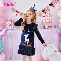 VIKITA Girls Long Sleeve Dress Autumn Winter Girls Butterfly Dress For Kids Cotton Children Birthday Party Cartoon Costumes