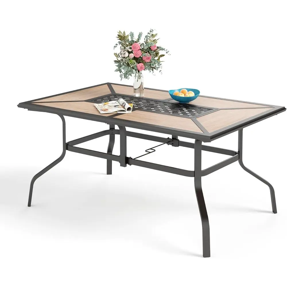 

6-Person Outdoor Dining Table with Adjustable Umbrella Hole, Auxiliary Wood and Metal Frame