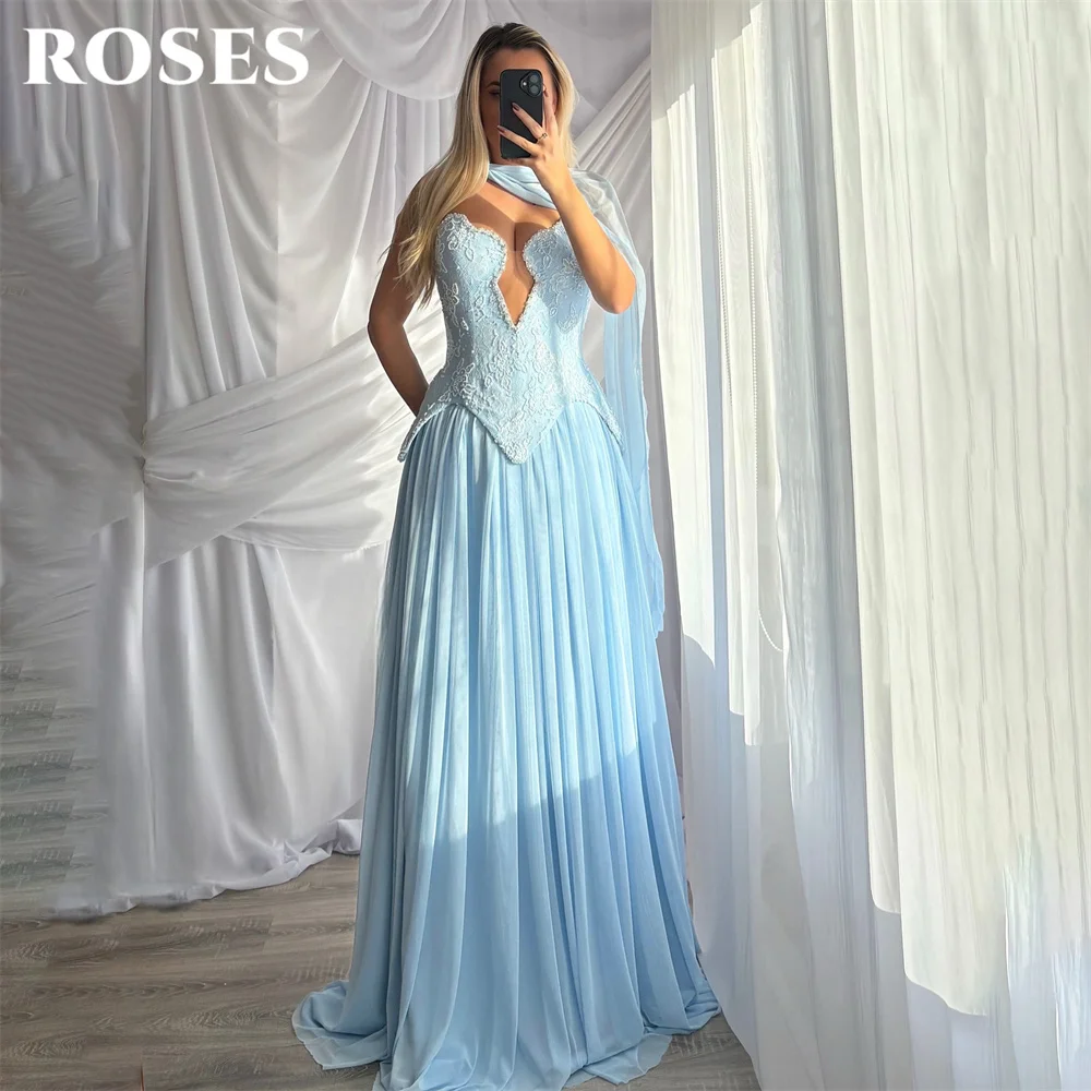 ROSES Sky Blue Party Dress Strapless Draped Neck Scarf Evening Dresses Beading On Chest فساتين السهرة Chiffon A Line Customized