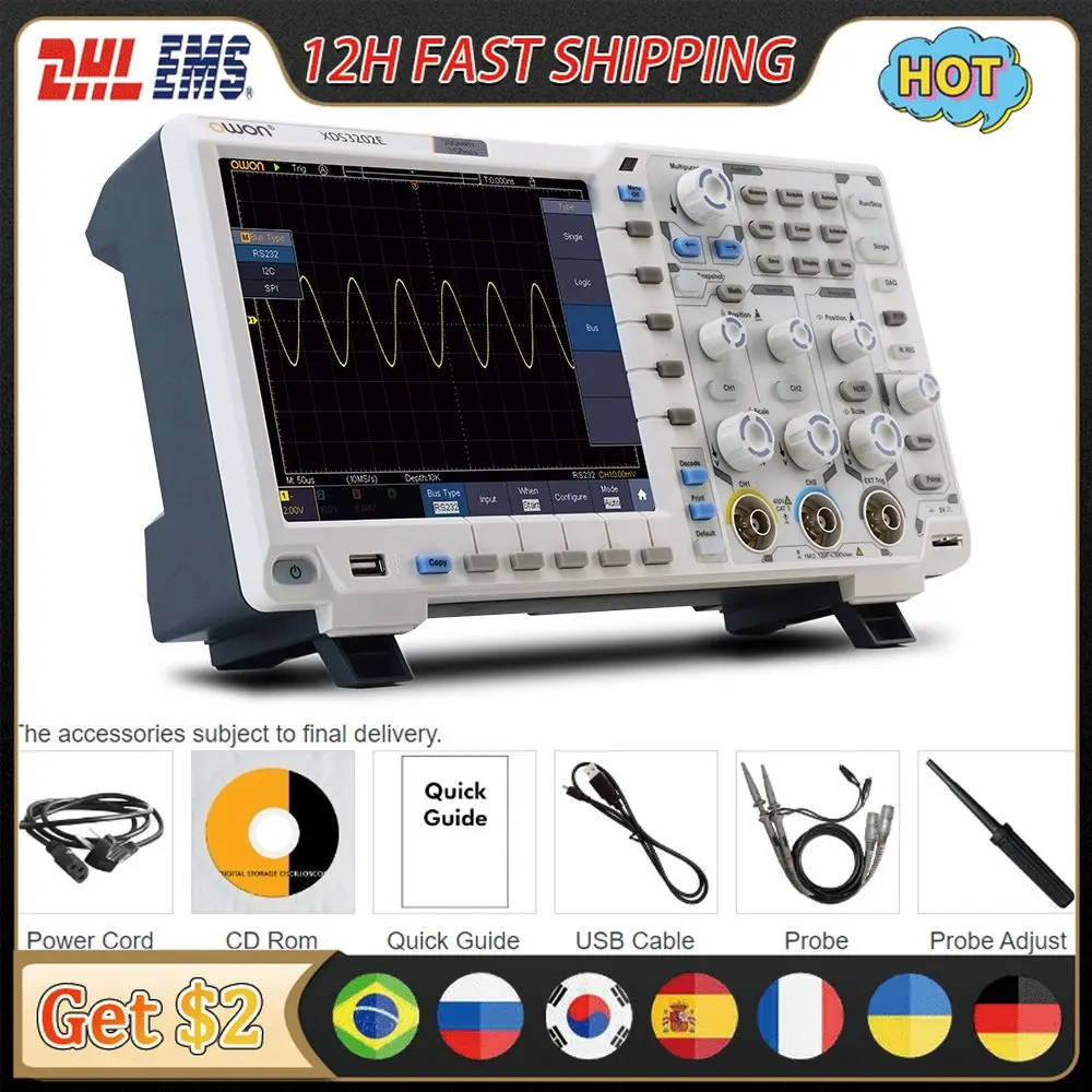 Owon XDS3202E 8 bits Osiloscopio Digital Oscilloscope 1GS/s 200MHz 2CH+1(external) 40M Record Length Multimeter Oscilloscope