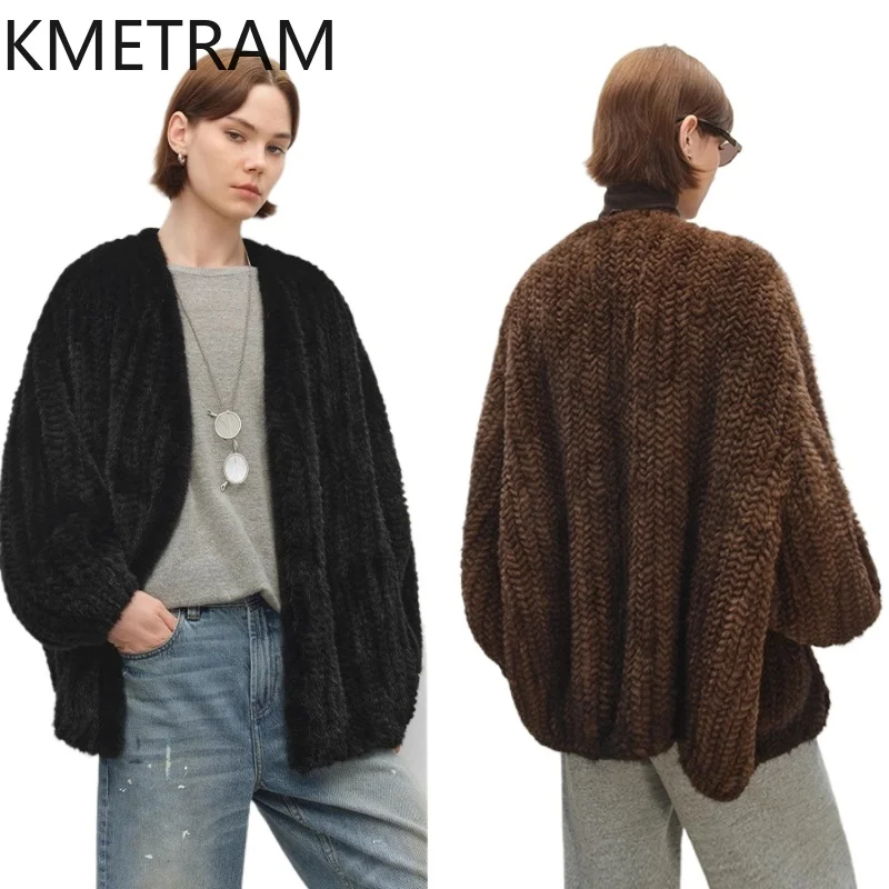 

100% Mink Fur Jacket Woman Luxury Double Sided Weaving Real Fur Coat Lantern Sleeves Furry Jackets Winter Clothes for Women 2025