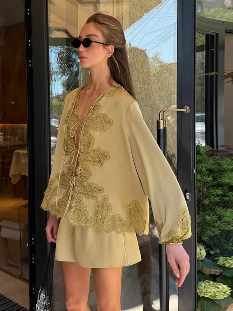 Casual Lace Stain Patchwork Shirt Shorts Suit Women Loose Full Sleeve V-neck Lace Up Shirt High Waist Bottom 2026 Summer New view 5
