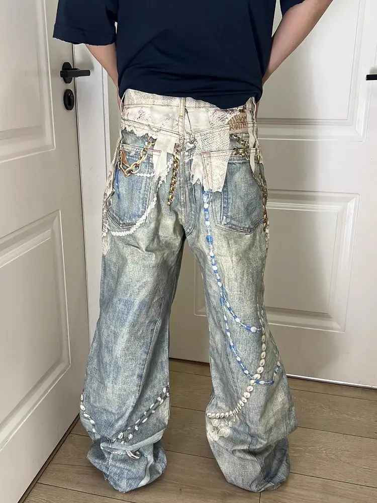 

Уличная одежда, винтажные синие готические жемчужные принты Y2k, женские джинсы Harajuku, мешковатые джинсовые брюки в стиле эмо, 2000-е, 90-е, большие брюки в стиле ретро