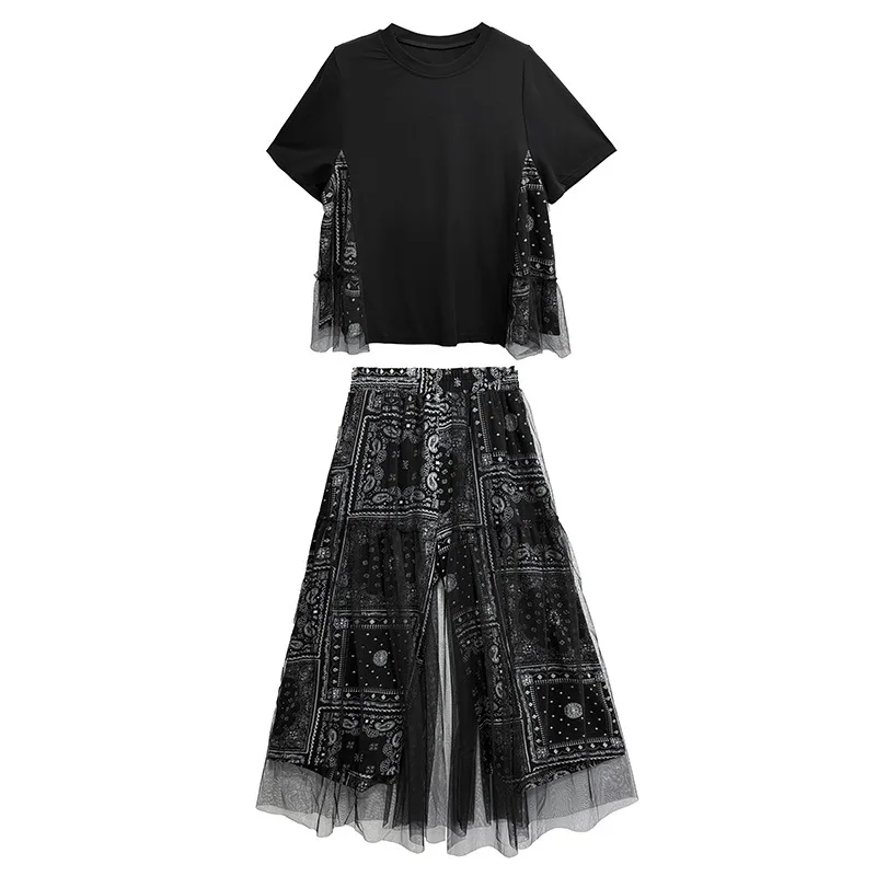 

Japanese retro patchwork mesh short sleeved T-shirt+wide leg pants two-piece summer loose fashion womens two peice sets
