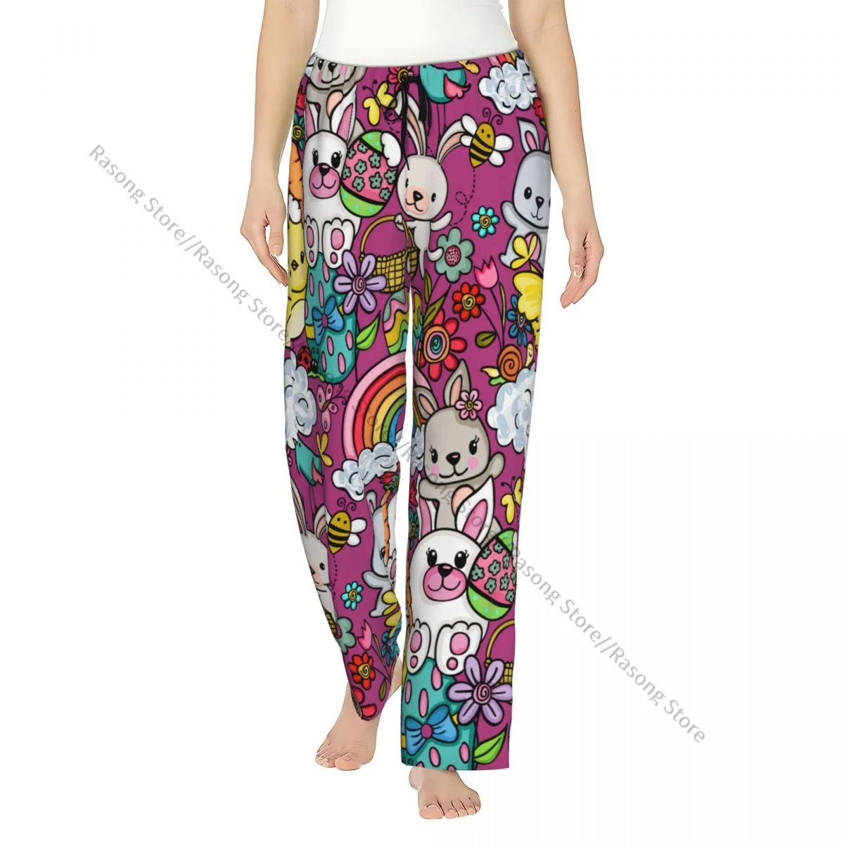 

Красочные фланелевые пижамные штаны с пасхальным кроликом и яйцами для женщин, мягкие теплые штаны для сна с эластичным поясом