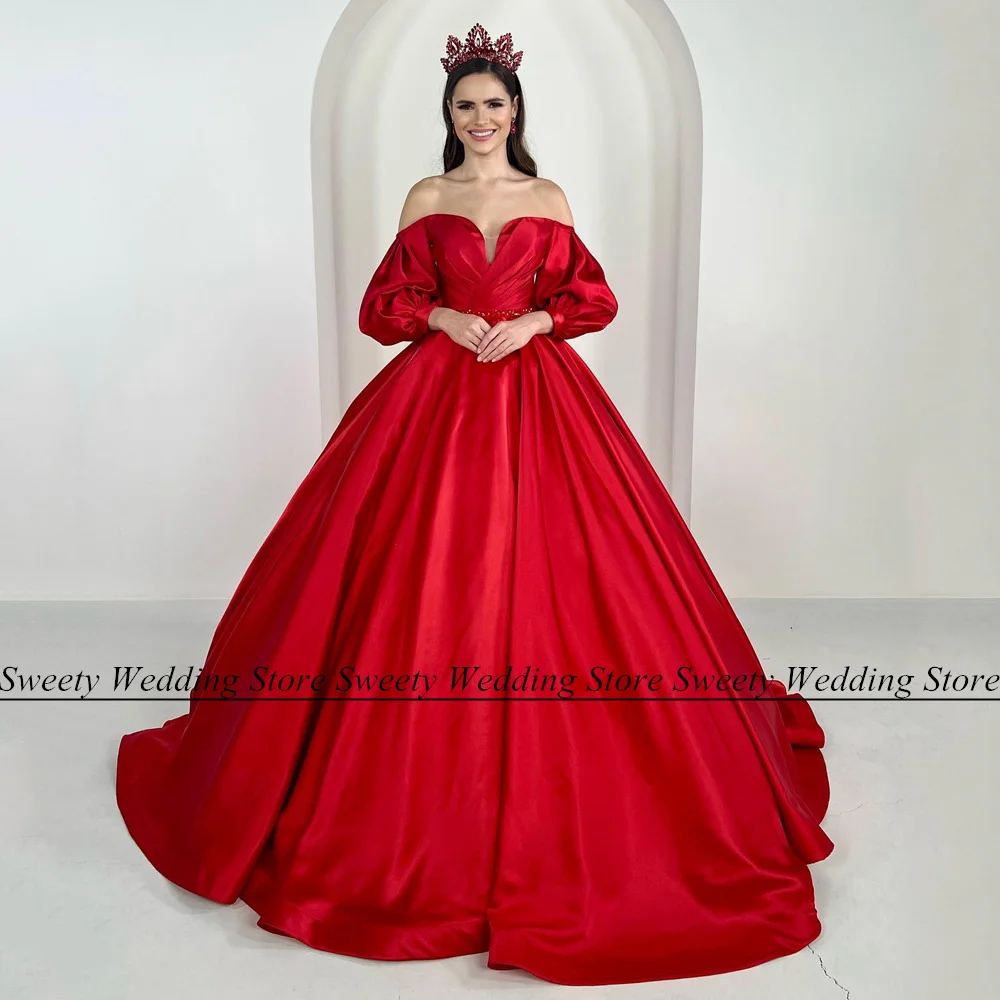 Jiayigong-vestido de novia de satén, corsé rojo personalizado, mangas abullonadas, cinturón plisado con cuentas, Abaya