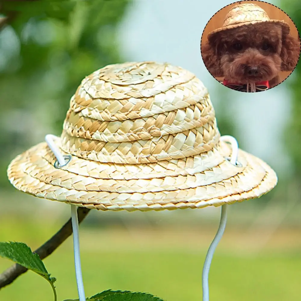 Cute Adjustable Pet Woven Hat Dog Decorative Hat Photo Prop Dog Cat Sunshade Cap Run Straw Hat For Small Dog Puppy Cat