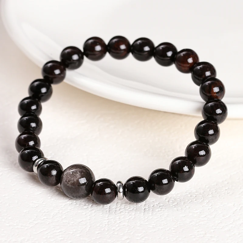 JD Natural Stone Black Sandalwood Silver Color Irisation Obsidian Bead Bracelets Women Men Simple Lucky Stretch Jewelry Gift