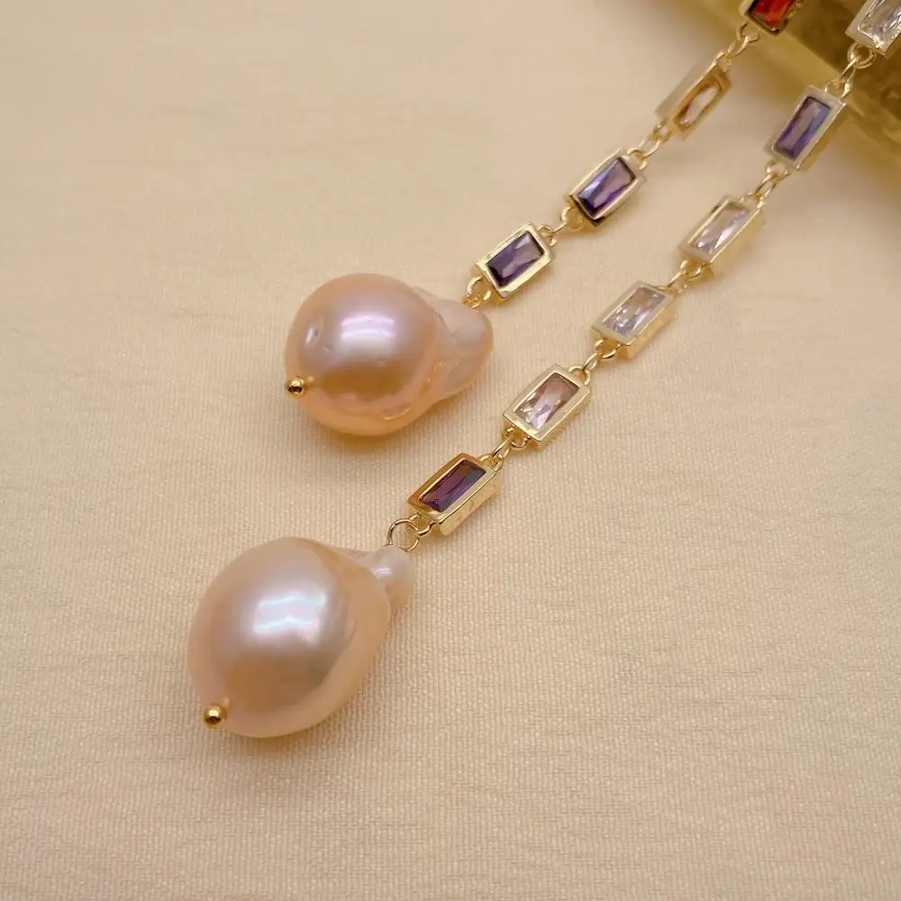 Y·YING Cultured Pink Baroque Pearl Mixed Color Rectangle Cz Pave Long Necklace