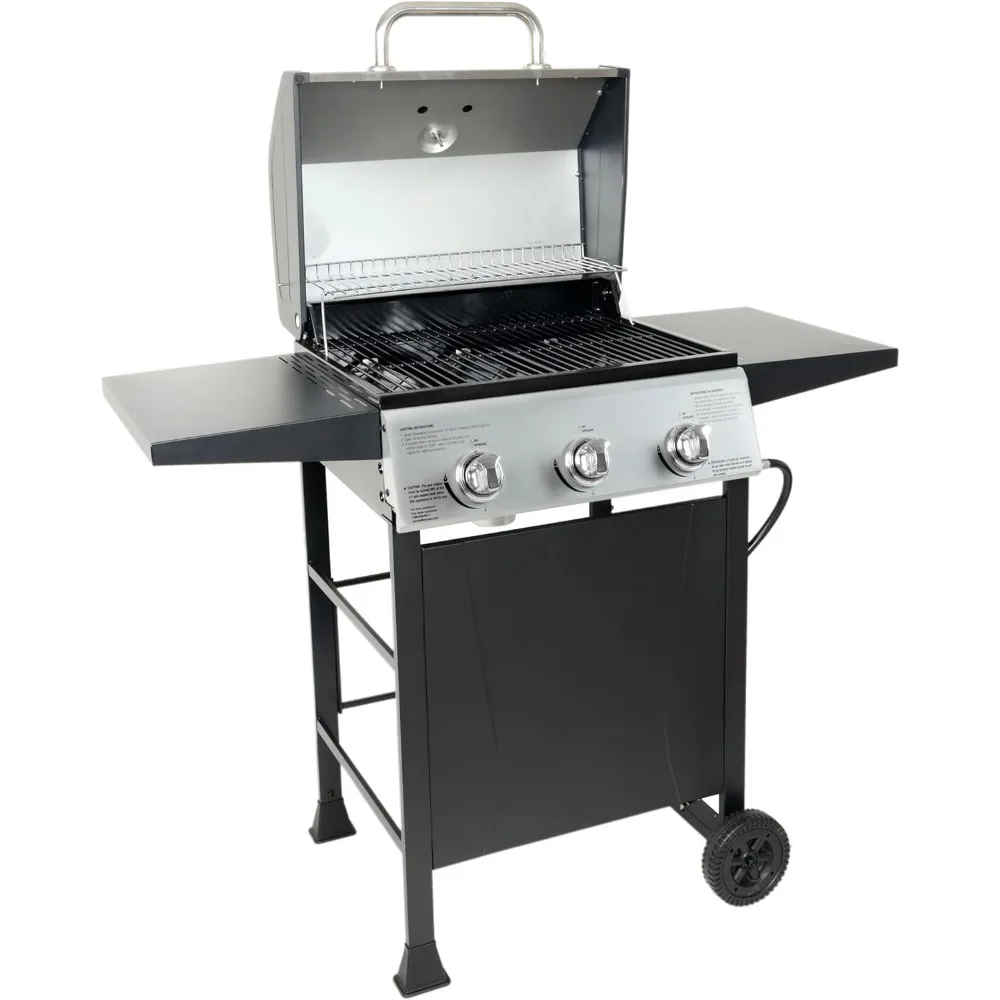 

Grill Boss Outdoor BBQ Propane Gas Grill for Barbecue Cooking with Side Burner, Lid, Wheels, Shelves and Bottle Opener, 3 Burner