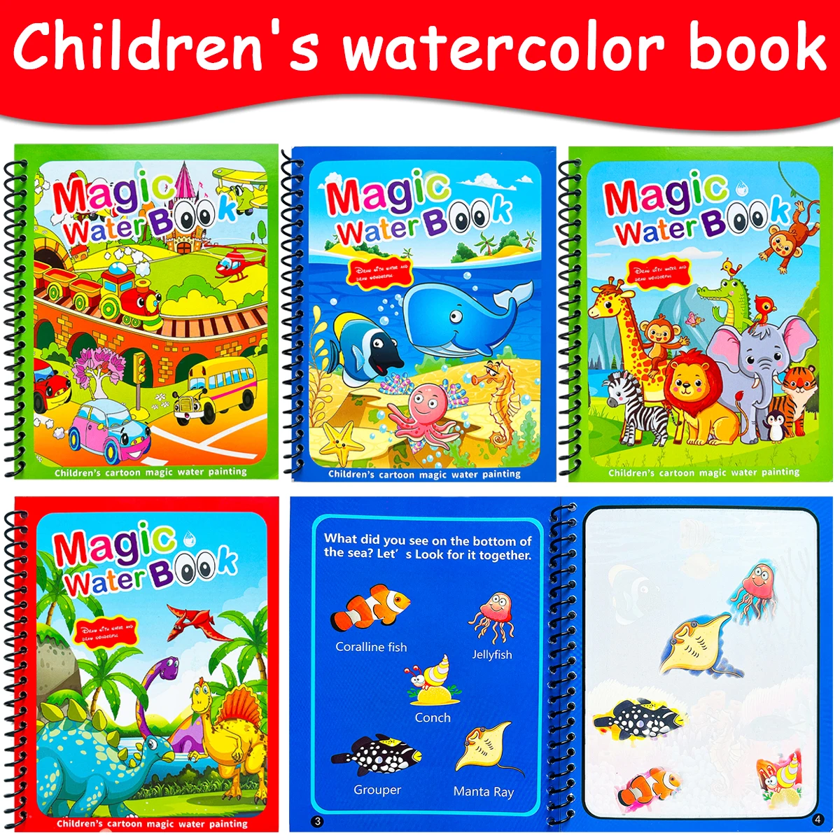 

Children's magic water coloring book reusable - Animal/Ocean/transportation/Dinosaur theme - Early childhood education