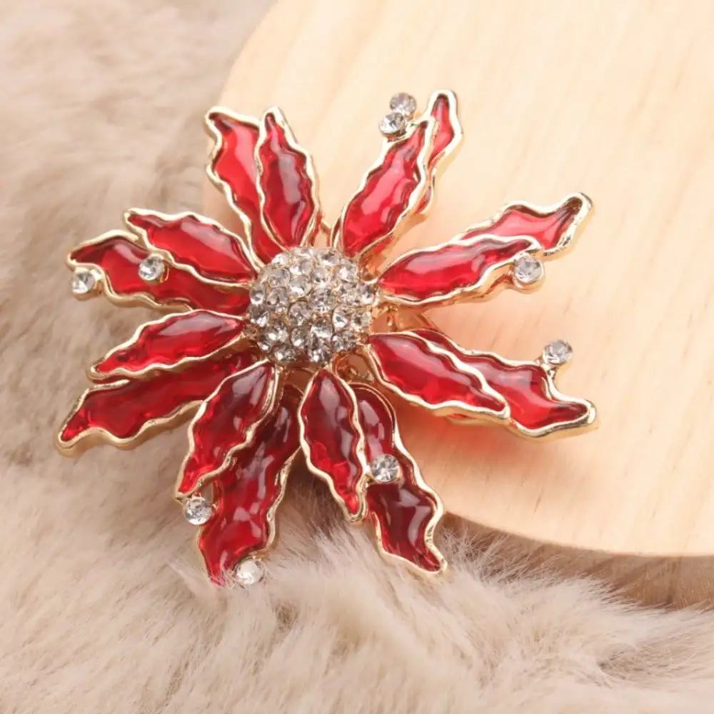 Christmas Poinsettia Rhinestone Brooch - Red Enamel Gold Pin, Women's Fashion Essential For Holiday Parties And Everyday Wear